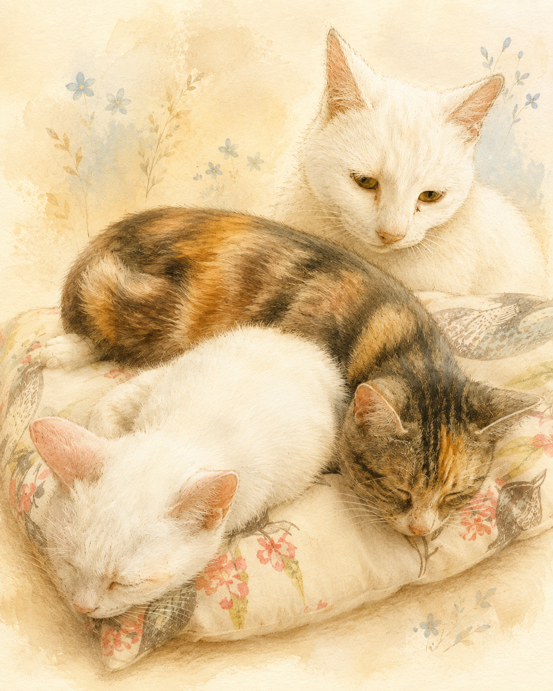 Ilustración de María junto a su familia felina
