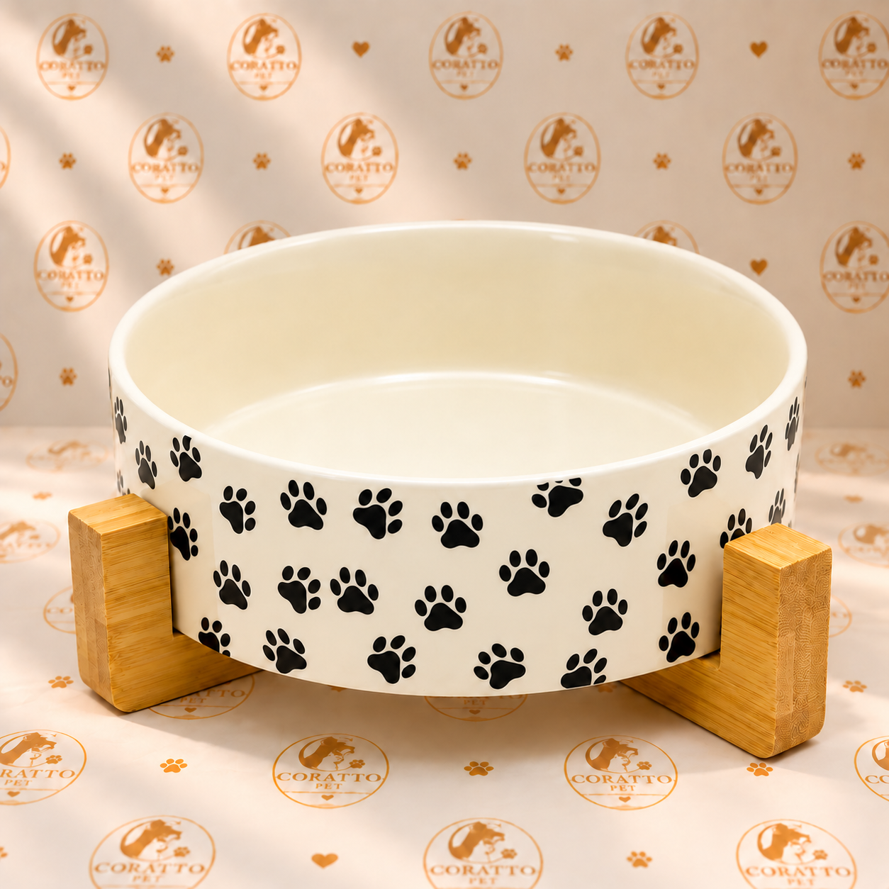 PLATO PARA MASCOTA DE CERAMICA CON SOPORTE DE MADERA