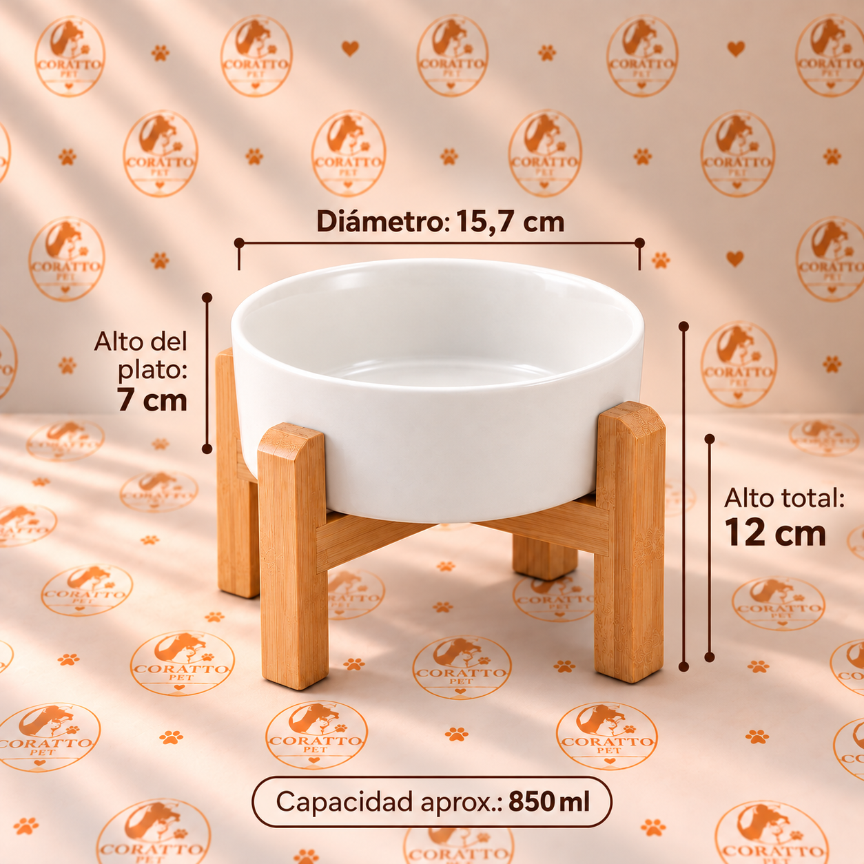 COMEDERO Y BEBEDERO DE CERÁMICA + SOPORTE DE MADERA, CAPACIDAD DE 850 ml