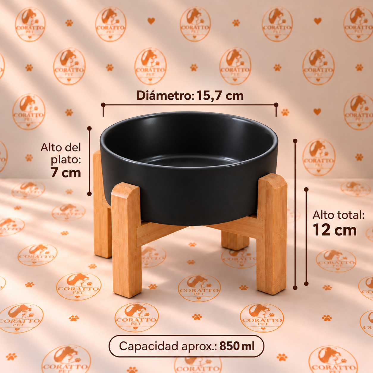 COMEDERO Y BEBEDERO DE CERÁMICA + SOPORTE DE MADERA CAPACIDAD DE 850 ml - COLOR NEGRO