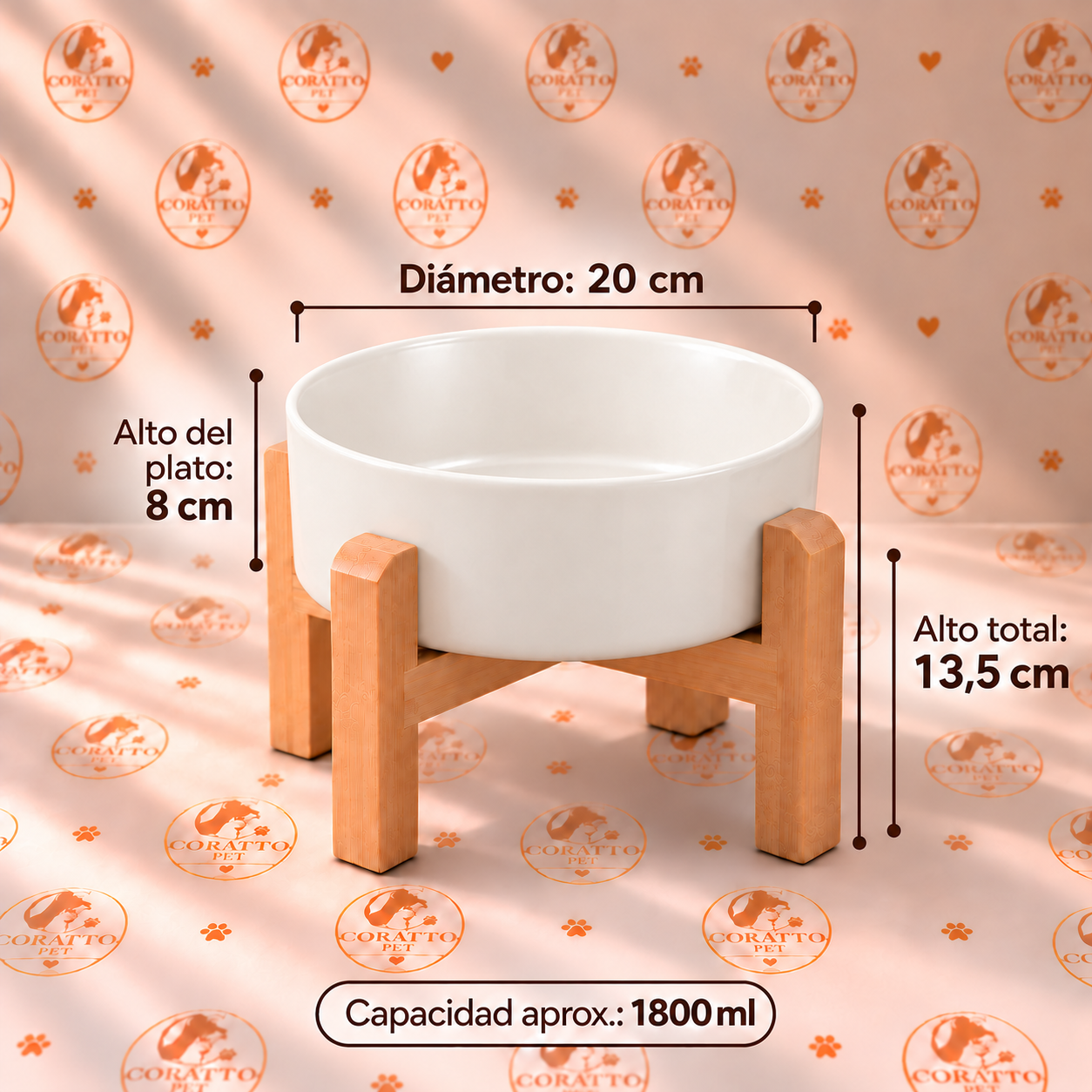 COMEDERO Y BEBEDERO DE CERÁMICA + SOPORTE DE MADERA CAPACIDAD DE 1800 ml