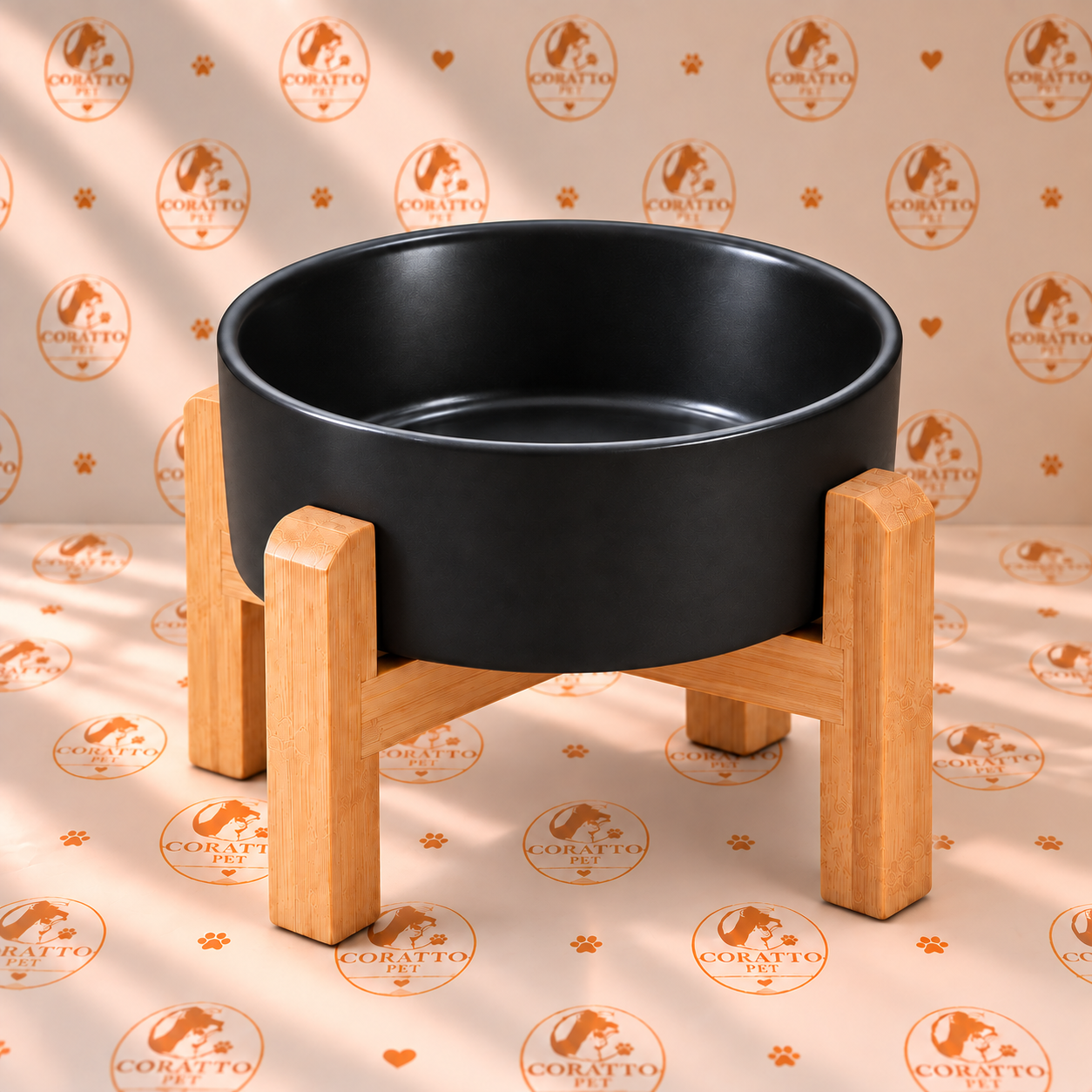 COMEDERO Y BEBEDERO DE CERÁMICA + SOPORTE DE MADERA CAPACIDAD DE 1800 ml - COLOR NEGRO