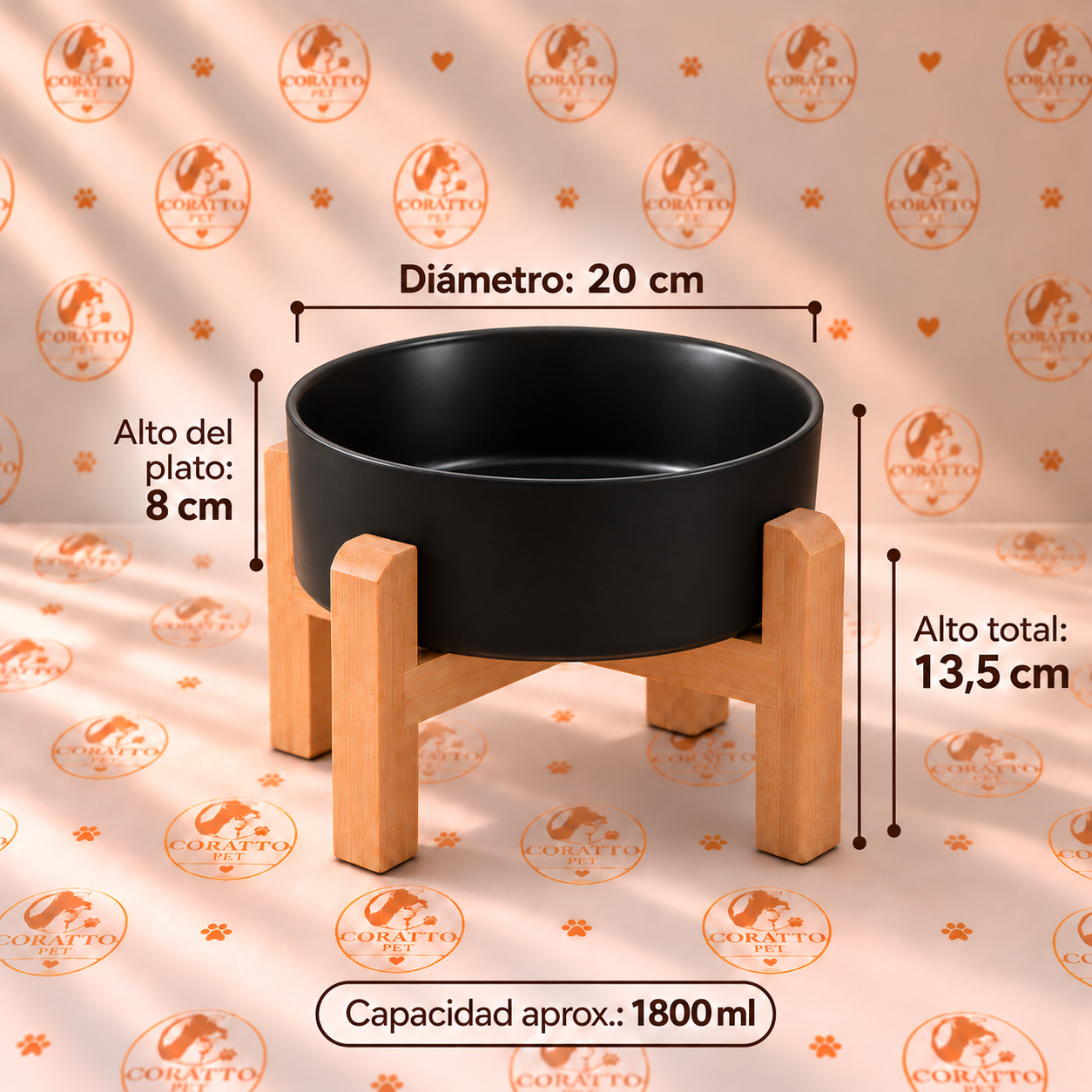 COMEDERO Y BEBEDERO DE CERÁMICA + SOPORTE DE MADERA CAPACIDAD DE 1800 ml - COLOR NEGRO