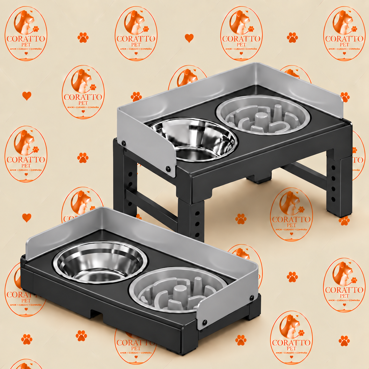 COMEDERO GRIS ELEVADO AJUSTABLE CON TAZONES ACERO INOXIDABLE Y COME-LENTO