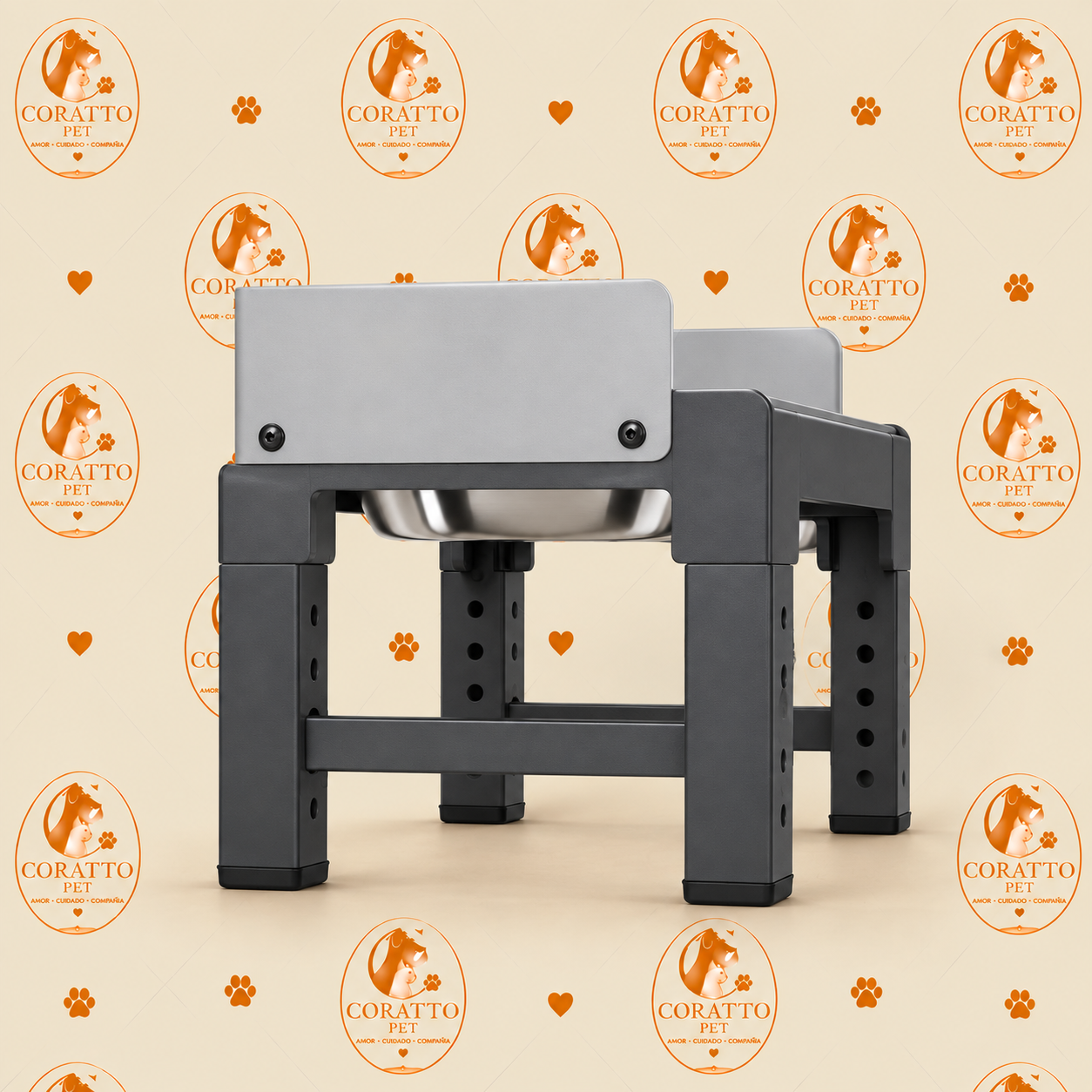 COMEDERO GRIS ELEVADO AJUSTABLE CON TAZONES ACERO INOXIDABLE Y COME-LENTO