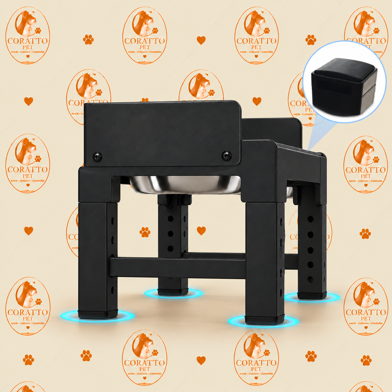 COMEDERO NEGRO ELEVADO AJUSTABLE CON TAZONES ACERO INOXIDABLE Y COME-LENTO