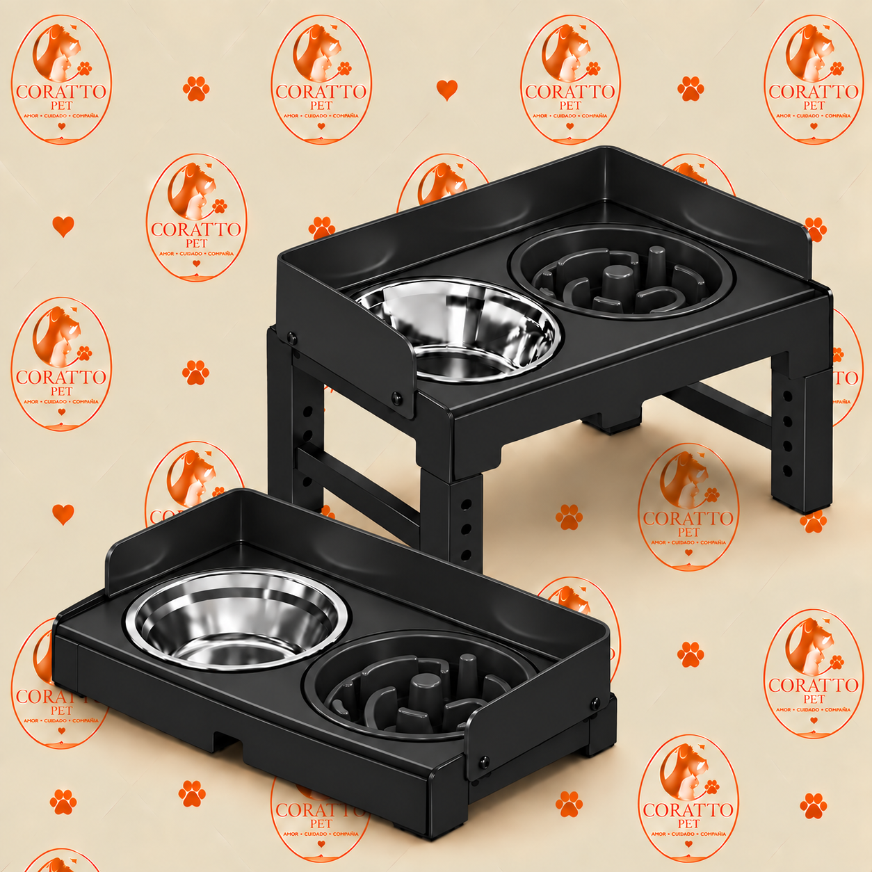 COMEDERO NEGRO ELEVADO AJUSTABLE CON TAZONES ACERO INOXIDABLE Y COME-LENTO