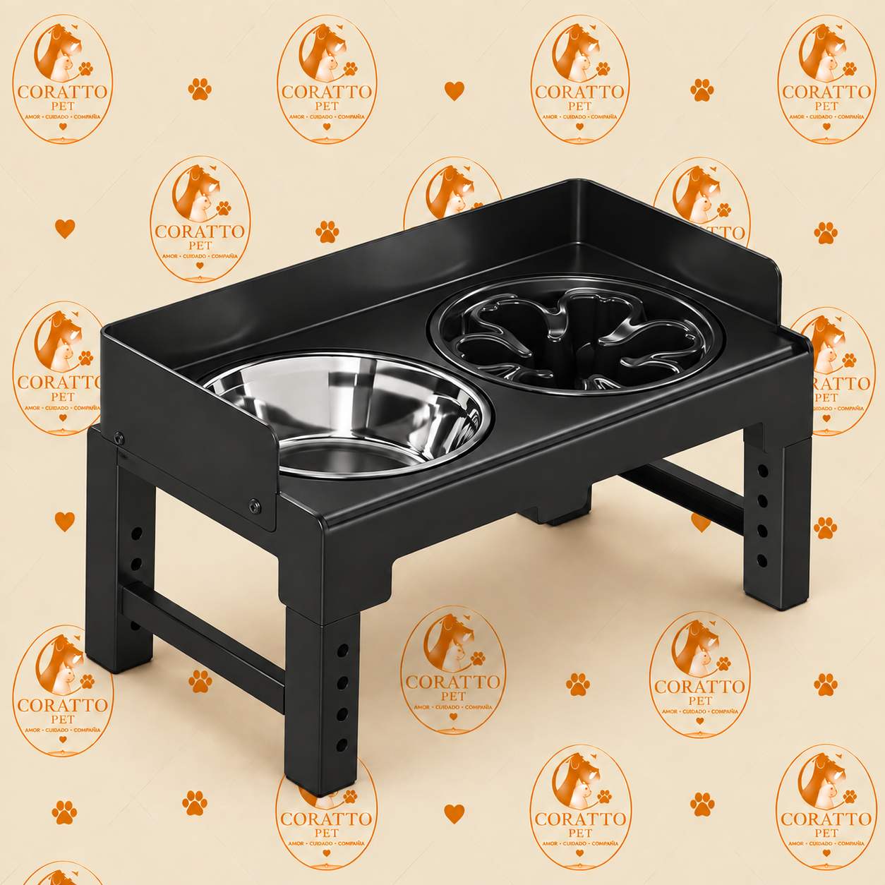 COMEDERO NEGRO ELEVADO AJUSTABLE CON TAZONES ACERO INOXIDABLE Y COME-LENTO