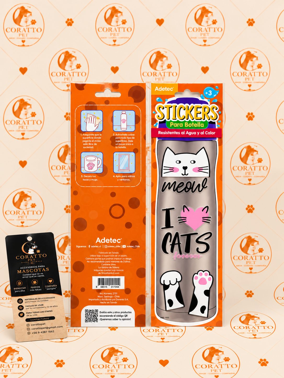 STICKERS PARA BOTELLA RESISTENTE AL AGUA Y AL CALOR FIGURITAS PERRO Y GATITO, 4 MODELOS DISTINTOS, MARCA ADETEC