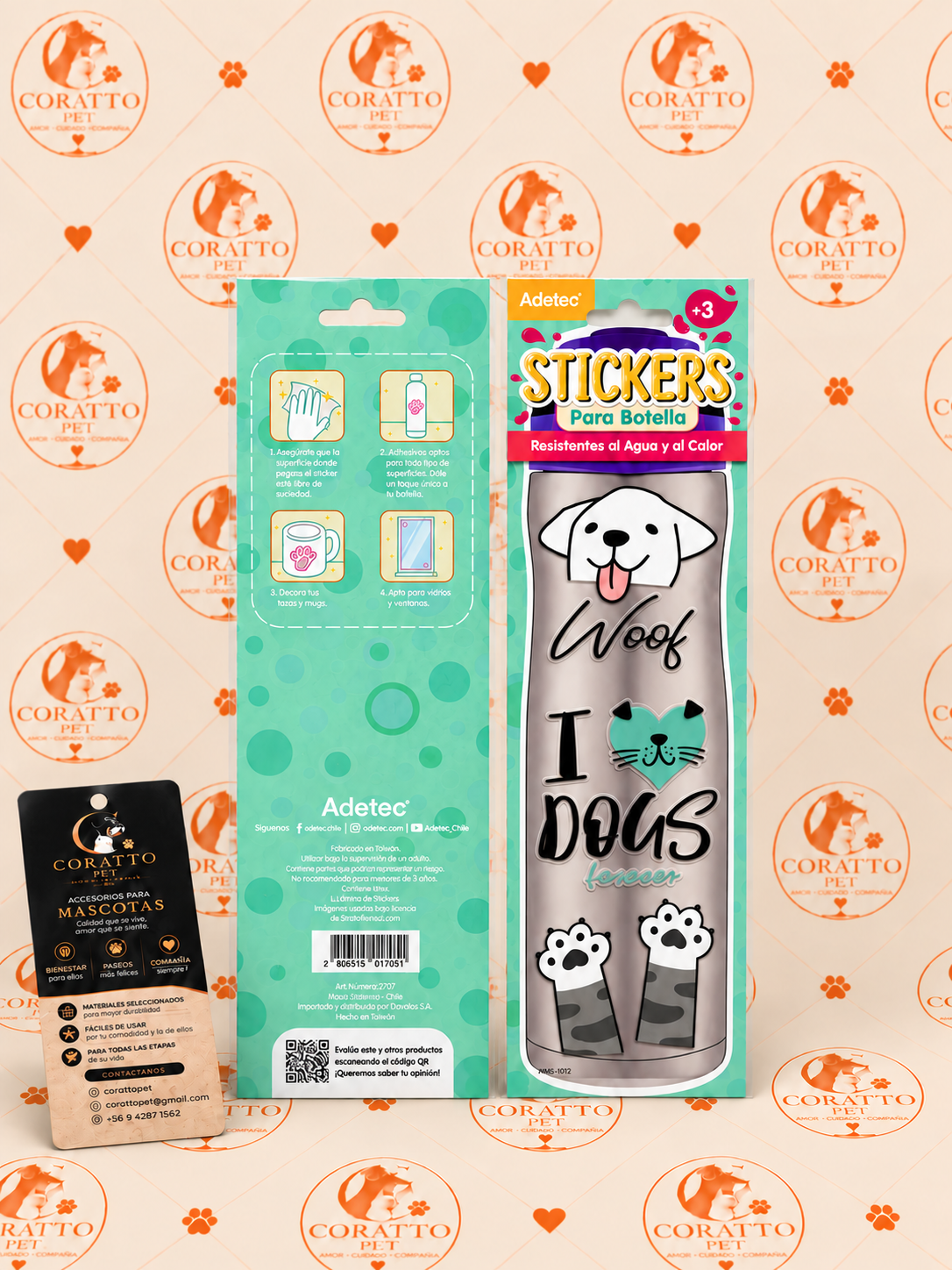 STICKERS PARA BOTELLA RESISTENTE AL AGUA Y AL CALOR FIGURITAS PERRO Y GATITO, 4 MODELOS DISTINTOS, MARCA ADETEC