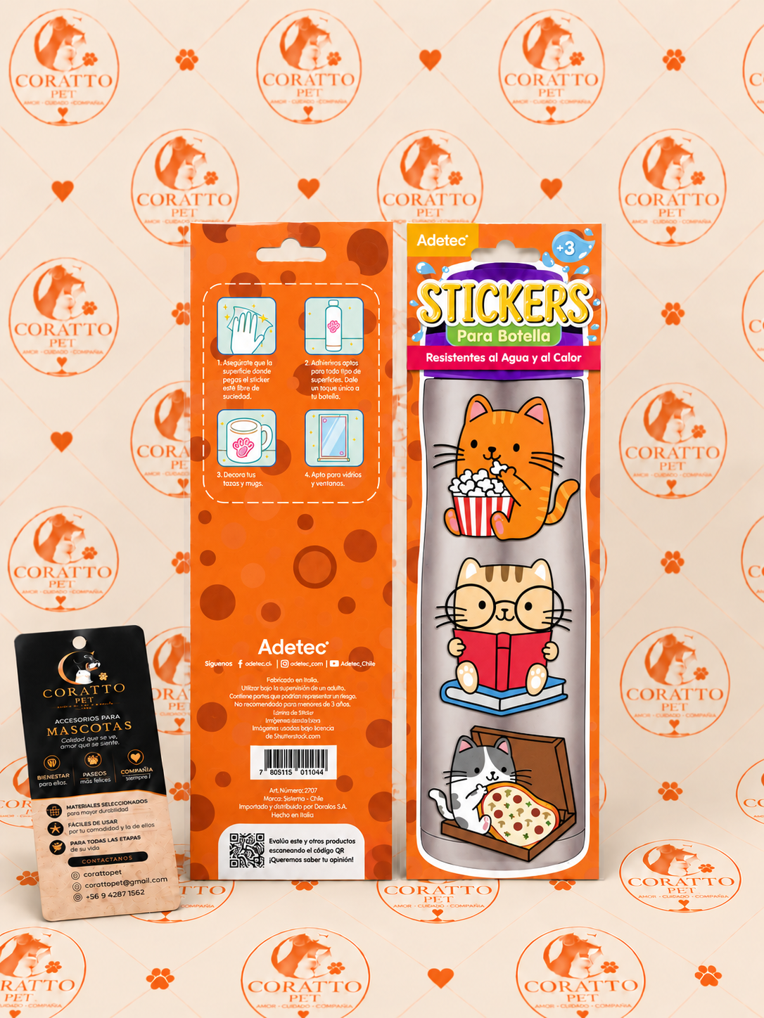 STICKERS PARA BOTELLA RESISTENTE AL AGUA Y AL CALOR FIGURITAS PERRO Y GATITO, 4 MODELOS DISTINTOS, MARCA ADETEC