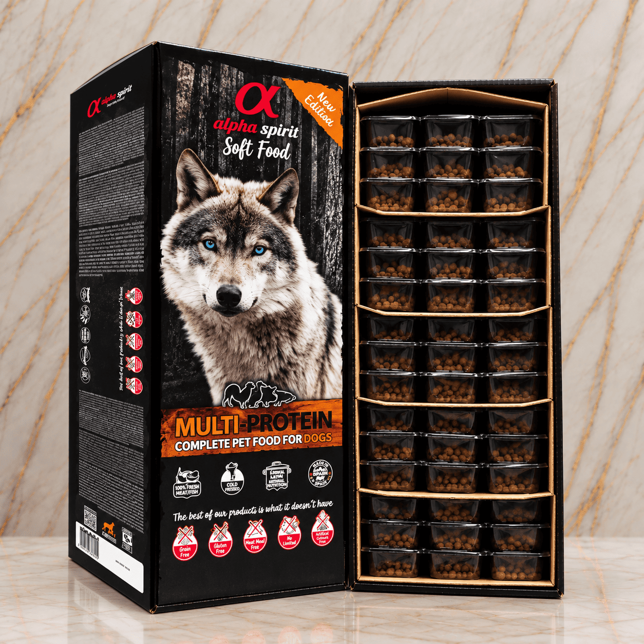 ALPHA SPIRIT SOFT FOOD MULTIPROTEIN SEMI HÚMEDO - 9 KG EN 45 BANDEJAS DE 200 GR